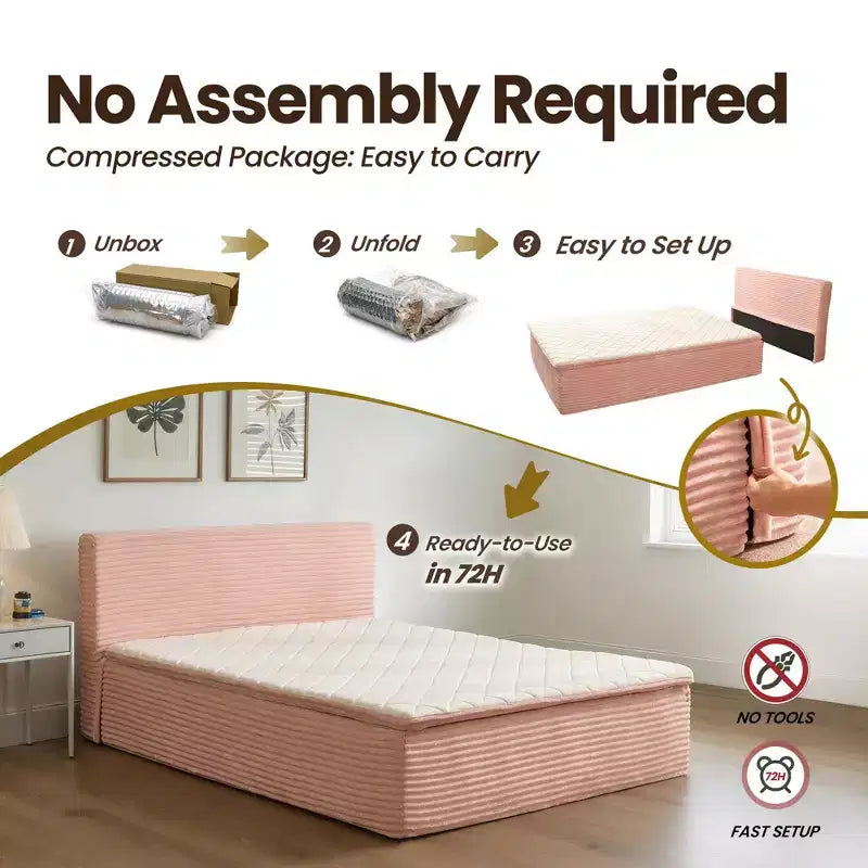 HOMLUX Queen Bed w/ Headboard, Unbox & Unfold, Ready in 72 Hrs, Motion Isolation, Medium Firm Support