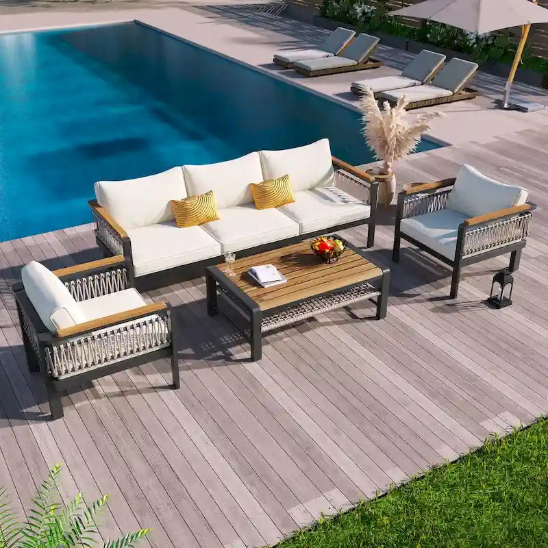 4 Pieces Outdoor Sectional Sofa Set 5-person Patio Seating Group Outdoor Conversation Set with Cushions and a Coffee Table