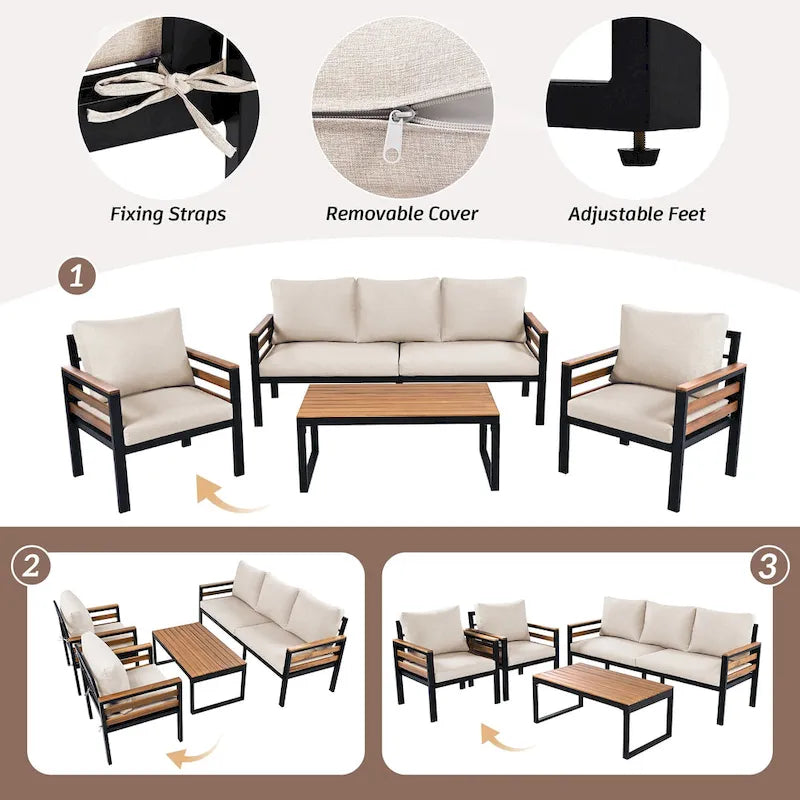 4-Piece Outdoor Sofa Set for 5 People with Removable Cushion & Solid Wood Coffee Table