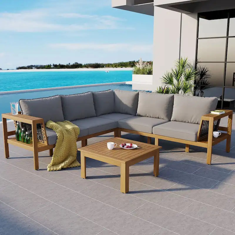4-Piece Acacia Wood L-Shaped Sectional Sofa Set with Tables