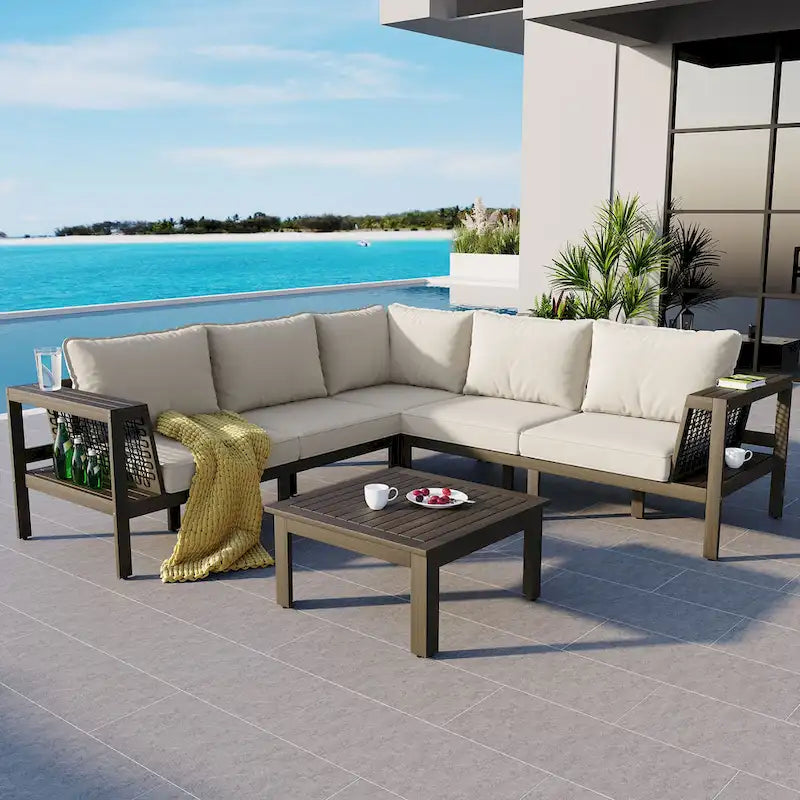 4-Piece Acacia Wood L-Shaped Sectional Sofa Set with Tables