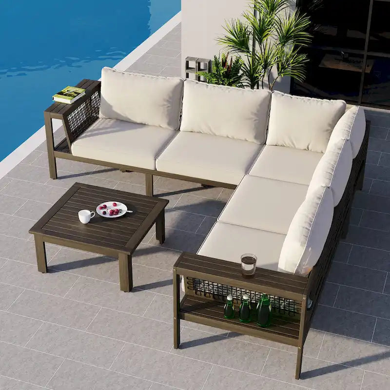 4-Piece Acacia Wood L-Shaped Sectional Sofa Set with Tables
