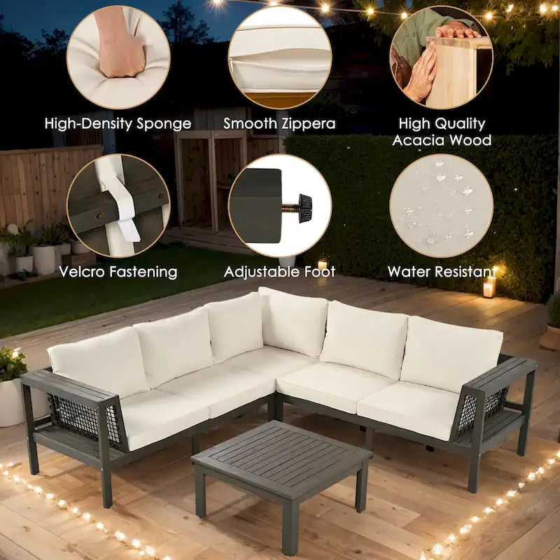 4-Piece Acacia Wood L-Shaped Sectional Sofa Set with Tables