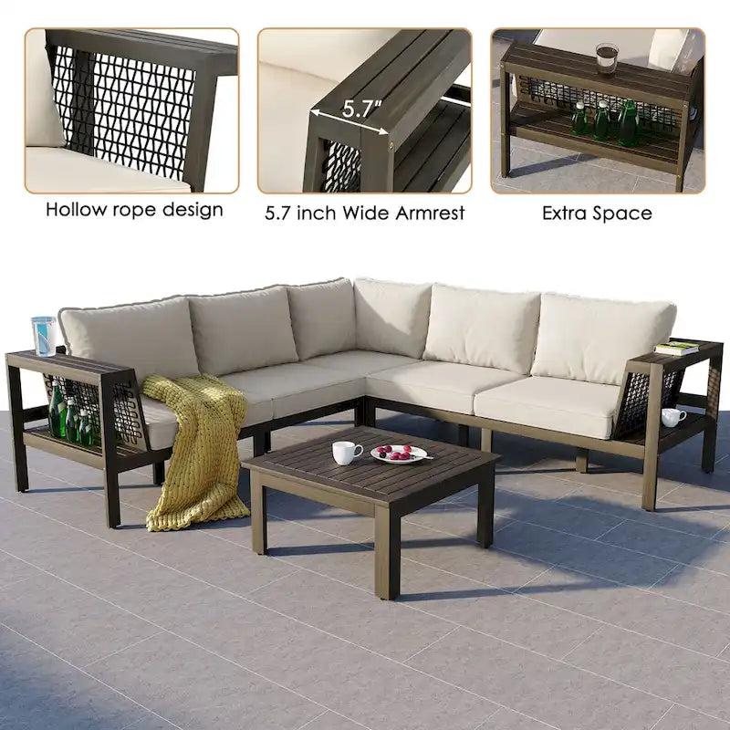 4-Piece Acacia Wood L-Shaped Sectional Sofa Set with Tables