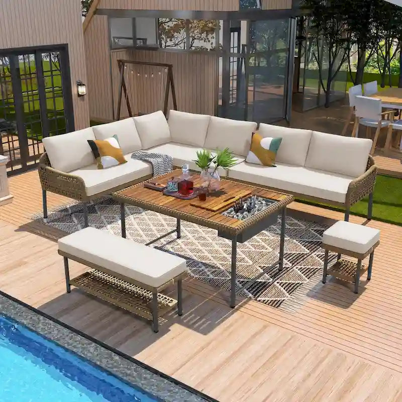 6-Piece Outdoor Sectional Sofa Set with Acacia Wood Table,Ice Box and Rope Benches