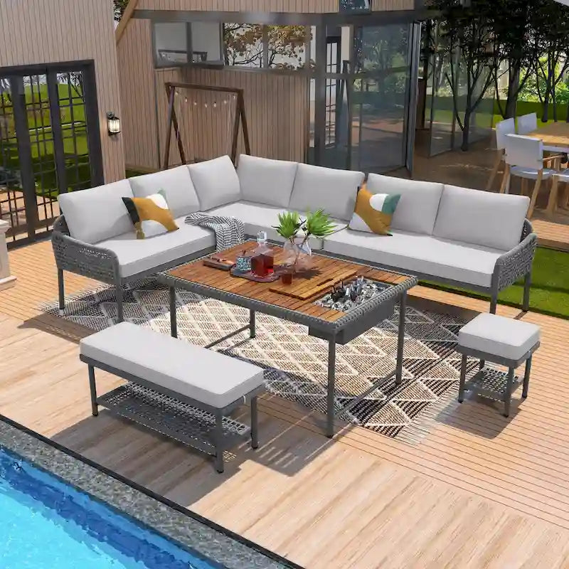 6-Piece Outdoor Sectional Sofa Set with Acacia Wood Table,Ice Box and Rope Benches