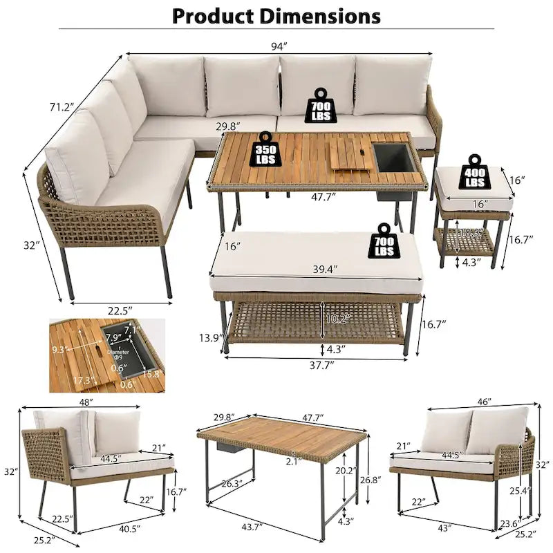6-Piece Outdoor Sectional Sofa Set with Acacia Wood Table,Ice Box and Rope Benches