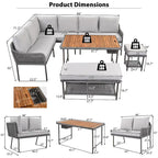 6-Piece Outdoor Sectional Sofa Set with Acacia Wood Table,Ice Box and Rope Benches