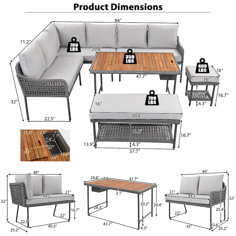 6-Piece Outdoor Sectional Sofa Set with Acacia Wood Table,Ice Box and Rope Benches