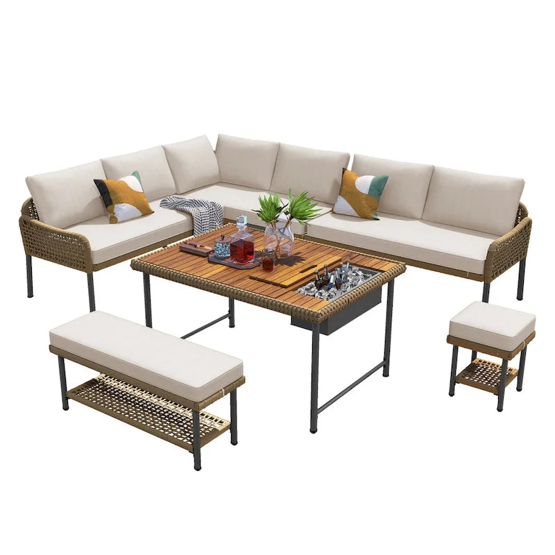6-Piece Outdoor Sectional Sofa Set with Acacia Wood Table,Ice Box and Rope Benches