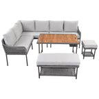 6-Piece Outdoor Sectional Sofa Set with Acacia Wood Table,Ice Box and Rope Benches