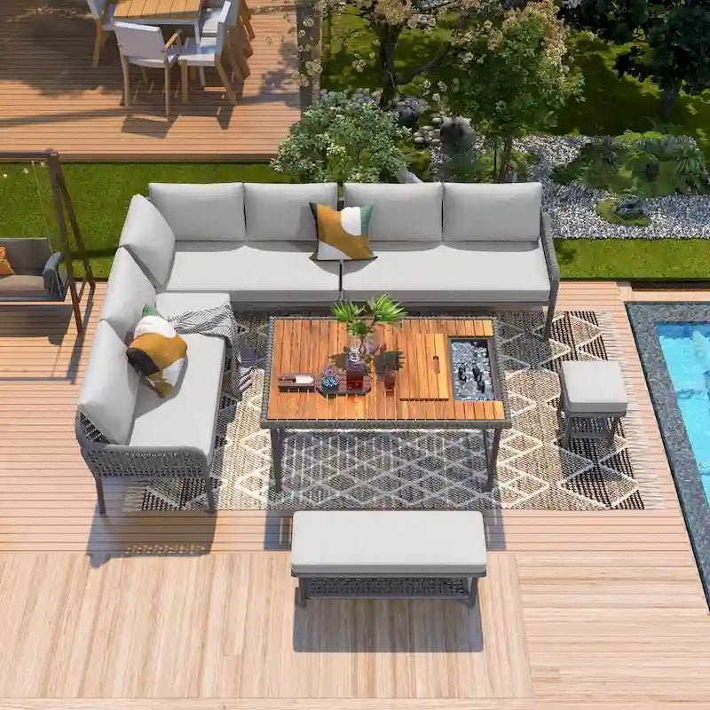 6-Piece Outdoor Sectional Sofa Set with Acacia Wood Table,Ice Box and Rope Benches