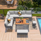 6-Piece Outdoor Sectional Sofa Set with Acacia Wood Table,Ice Box and Rope Benches