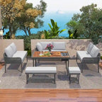 6-Piece Outdoor Sectional Sofa Set with Acacia Wood Table,Ice Box and Rope Benches
