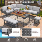 6-Piece Outdoor Sectional Sofa Set with Acacia Wood Table,Ice Box and Rope Benches
