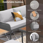 6-Piece Outdoor Sectional Sofa Set with Acacia Wood Table,Ice Box and Rope Benches