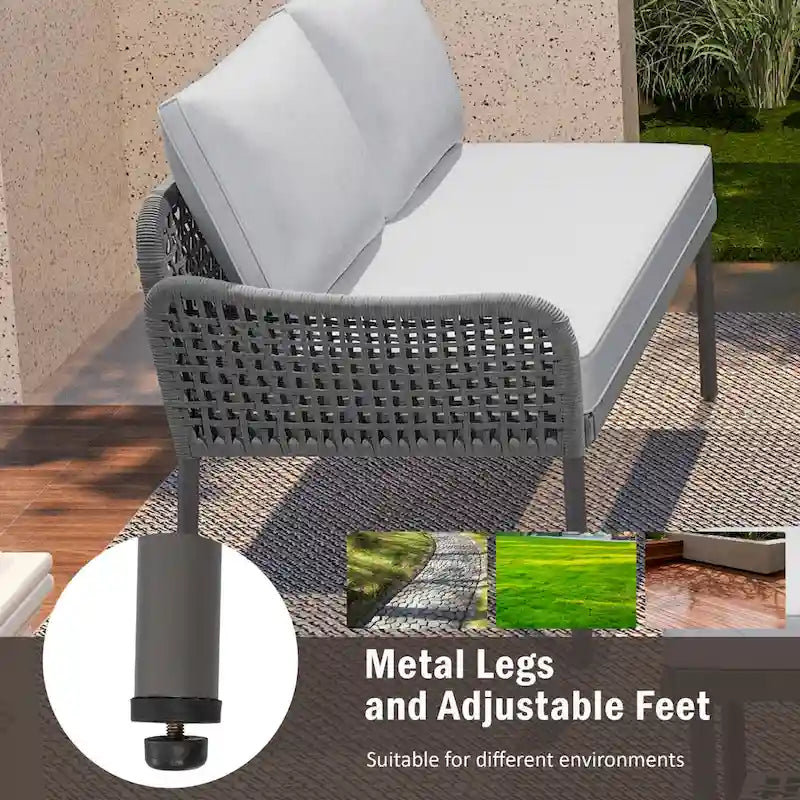 6-Piece Outdoor Sectional Sofa Set with Acacia Wood Table,Ice Box and Rope Benches