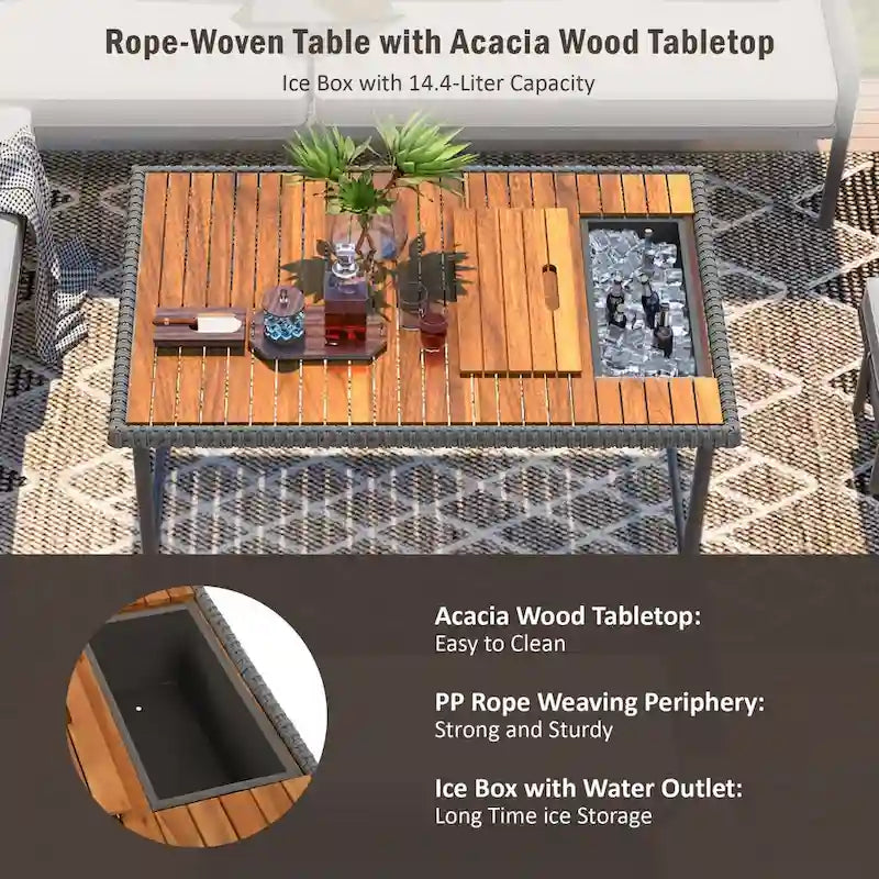 6-Piece Outdoor Sectional Sofa Set with Acacia Wood Table,Ice Box and Rope Benches