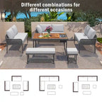 6-Piece Outdoor Sectional Sofa Set with Acacia Wood Table,Ice Box and Rope Benches
