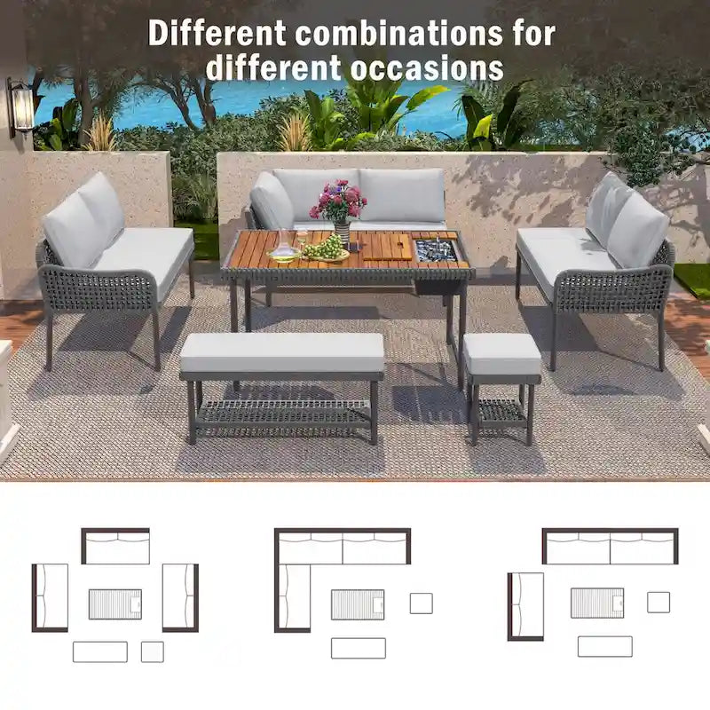 6-Piece Outdoor Sectional Sofa Set with Acacia Wood Table,Ice Box and Rope Benches