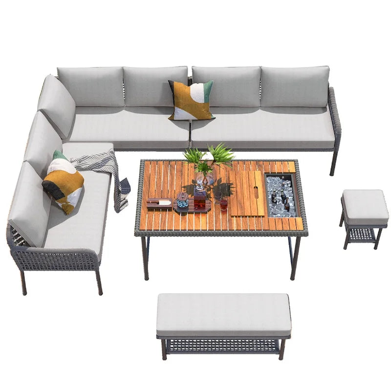6-Piece Outdoor Sectional Sofa Set with Acacia Wood Table,Ice Box and Rope Benches