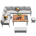 6-Piece Outdoor Sectional Sofa Set with Acacia Wood Table,Ice Box and Rope Benches