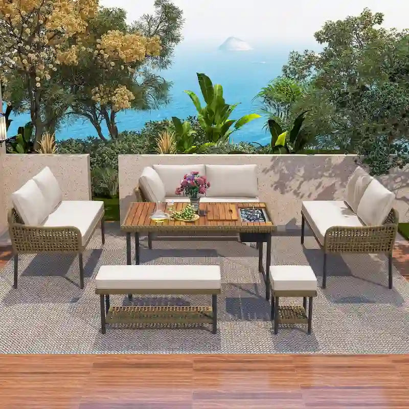 6-Piece Outdoor Sectional Sofa Set with Acacia Wood Table,Ice Box and Rope Benches