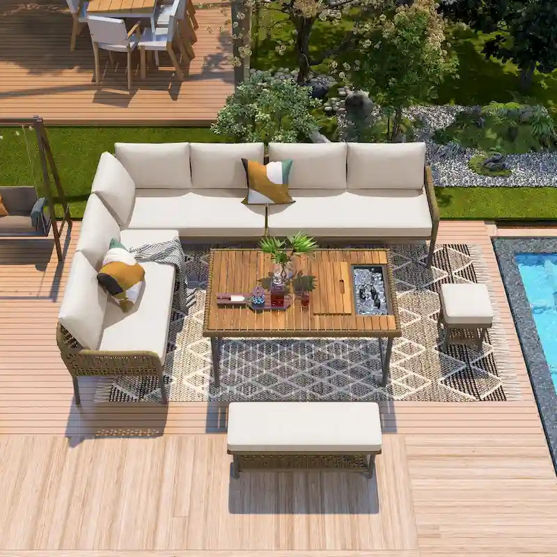 6-Piece Outdoor Sectional Sofa Set with Acacia Wood Table,Ice Box and Rope Benches