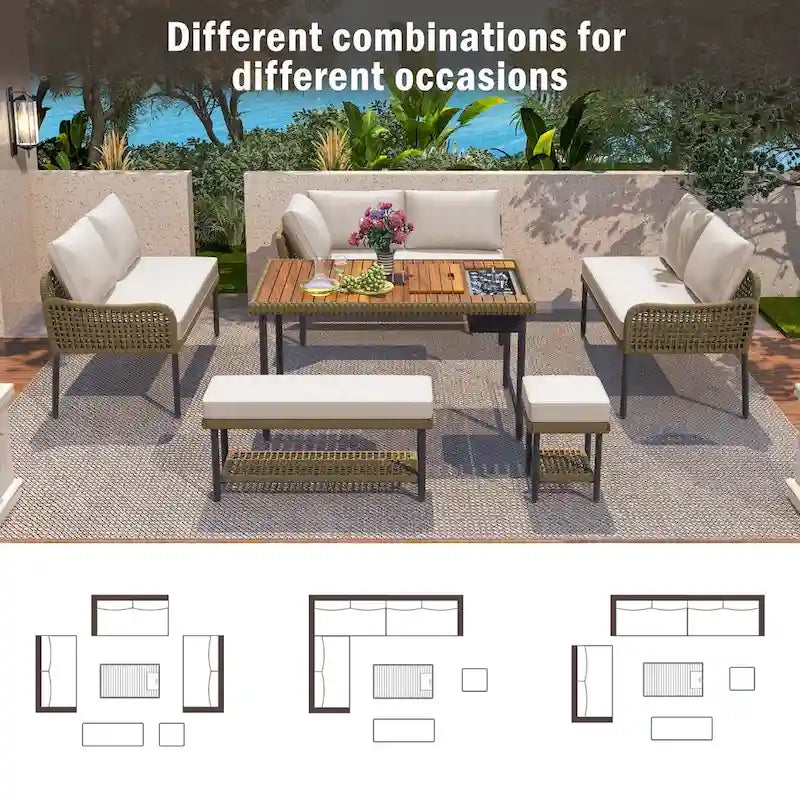 6-Piece Outdoor Sectional Sofa Set with Acacia Wood Table,Ice Box and Rope Benches