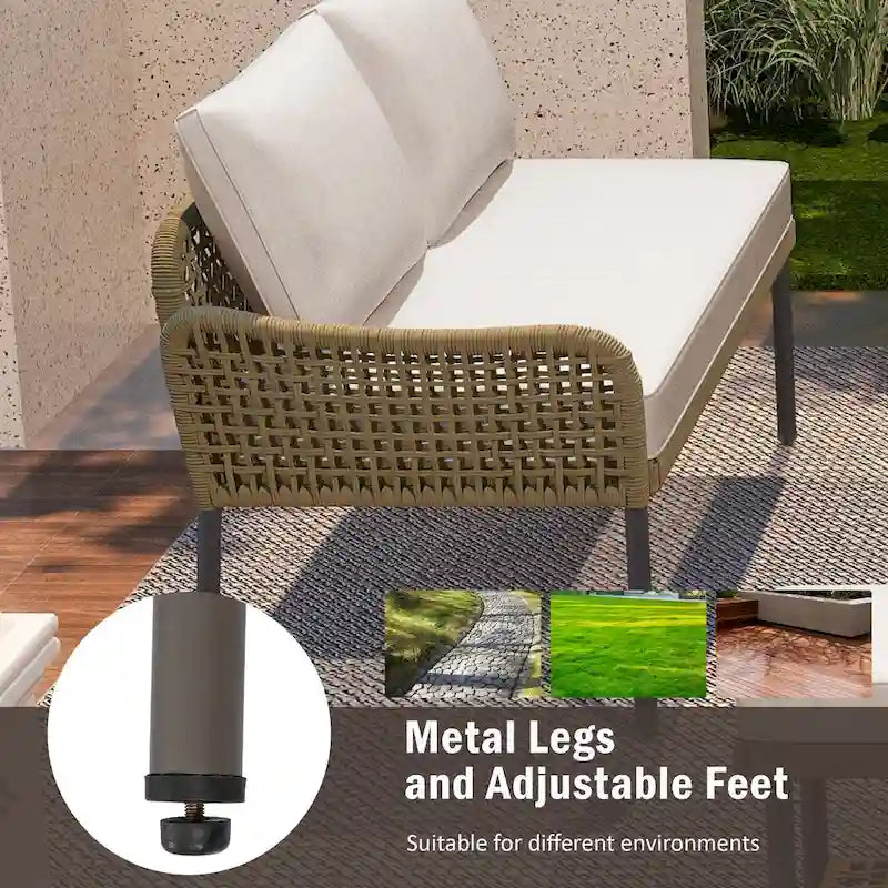 6-Piece Outdoor Sectional Sofa Set with Acacia Wood Table,Ice Box and Rope Benches