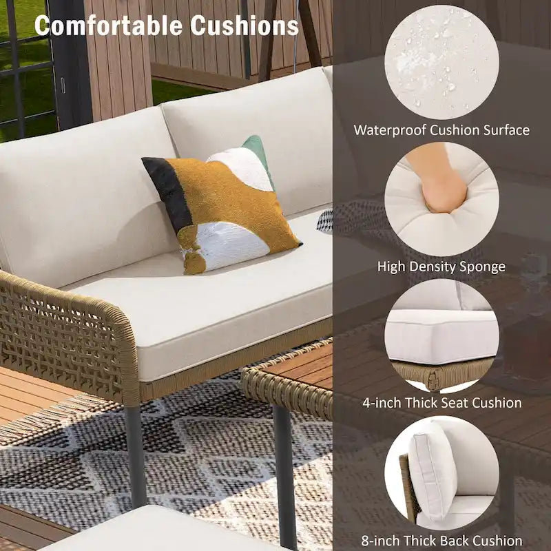 6-Piece Outdoor Sectional Sofa Set with Acacia Wood Table,Ice Box and Rope Benches