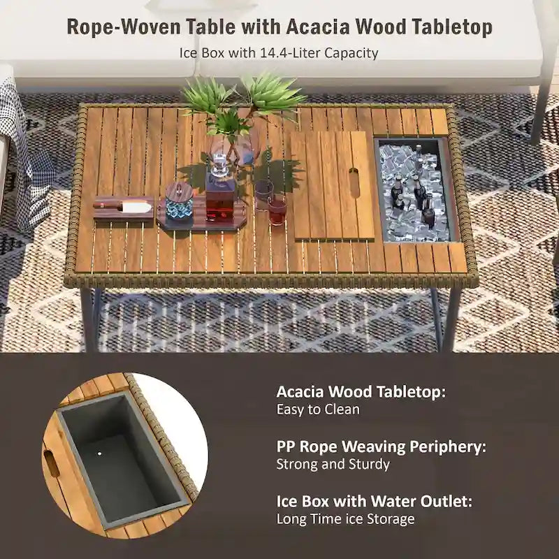 6-Piece Outdoor Sectional Sofa Set with Acacia Wood Table,Ice Box and Rope Benches
