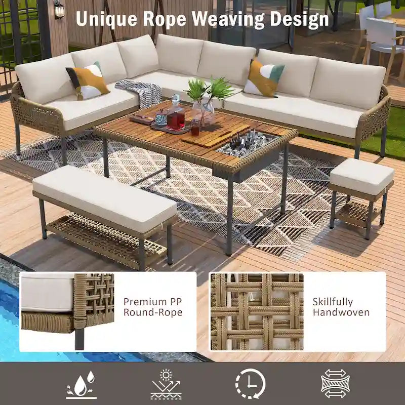 6-Piece Outdoor Sectional Sofa Set with Acacia Wood Table,Ice Box and Rope Benches