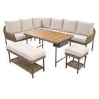 6-Piece Outdoor Sectional Sofa Set with Acacia Wood Table,Ice Box and Rope Benches