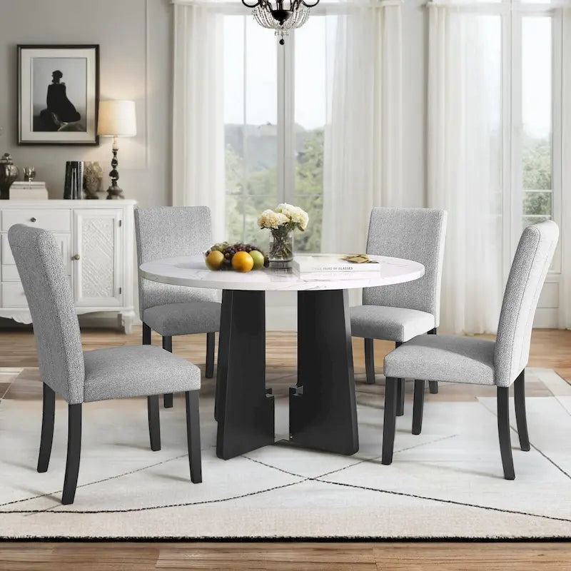 Ensemble table et chaises de cuisine 5 pièces, table à manger ronde pour 4 personnes, 4 chaises rembourrées avec pieds en bois d'hévéa