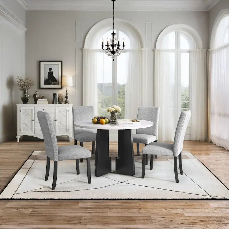 Ensemble table et chaises de cuisine 5 pièces, table à manger ronde pour 4 personnes, 4 chaises rembourrées avec pieds en bois d'hévéa