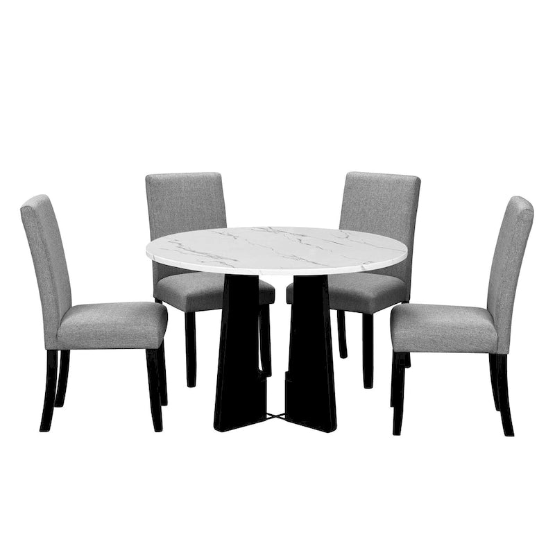 Ensemble table et chaises de cuisine 5 pièces, table à manger ronde pour 4 personnes, 4 chaises rembourrées avec pieds en bois d'hévéa