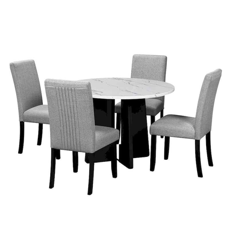 Ensemble table et chaises de cuisine 5 pièces, table à manger ronde pour 4 personnes, 4 chaises rembourrées avec pieds en bois d'hévéa