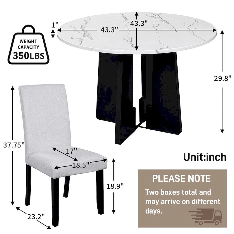 Ensemble table et chaises de cuisine 5 pièces, table à manger ronde pour 4 personnes, 4 chaises rembourrées avec pieds en bois d'hévéa
