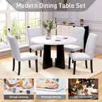Ensemble table et chaises de cuisine 5 pièces, table à manger ronde pour 4 personnes, 4 chaises rembourrées avec pieds en bois d'hévéa