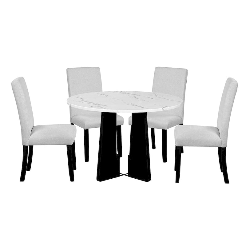 Ensemble table et chaises de cuisine 5 pièces, table à manger ronde pour 4 personnes, 4 chaises rembourrées avec pieds en bois d'hévéa
