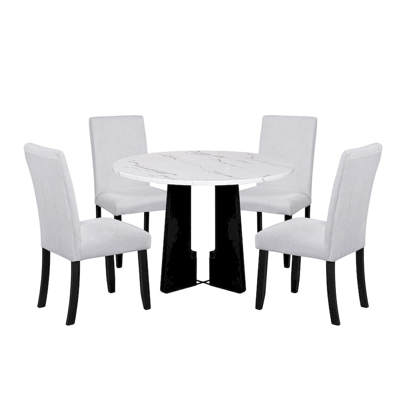 Ensemble table et chaises de cuisine 5 pièces, table à manger ronde pour 4 personnes, 4 chaises rembourrées avec pieds en bois d'hévéa