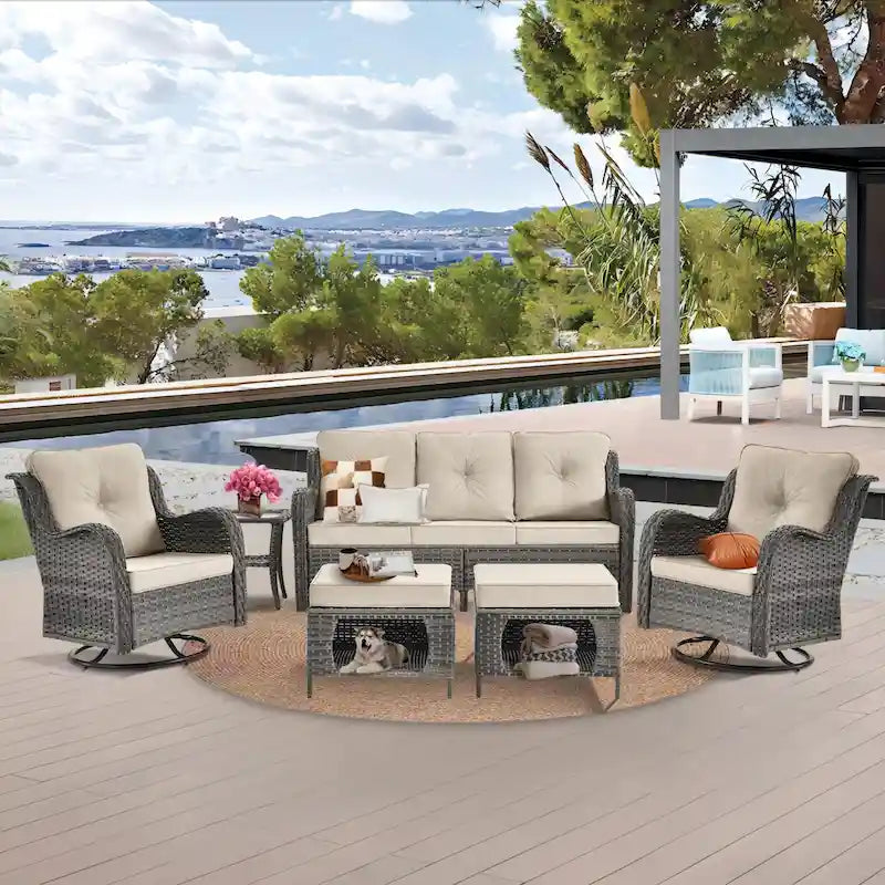 6 Piece Wicker Outdoor Patio Furniture Set Swivel Chairs Sofa Ottoman