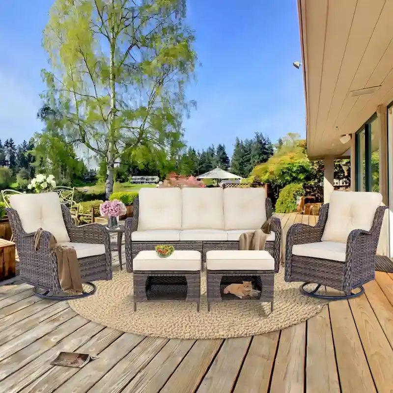 6 Piece Wicker Outdoor Patio Furniture Set Swivel Chairs Sofa Ottoman