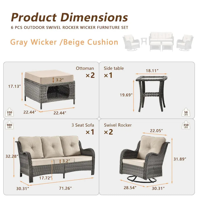 6 Piece Wicker Outdoor Patio Furniture Set Swivel Chairs Sofa Ottoman