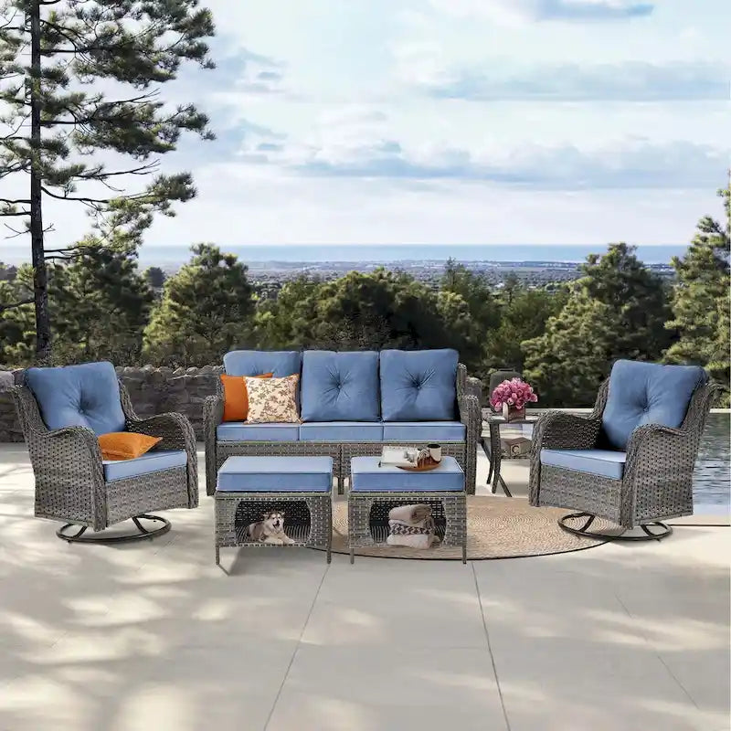 6 Piece Wicker Outdoor Patio Furniture Set Swivel Chairs Sofa Ottoman