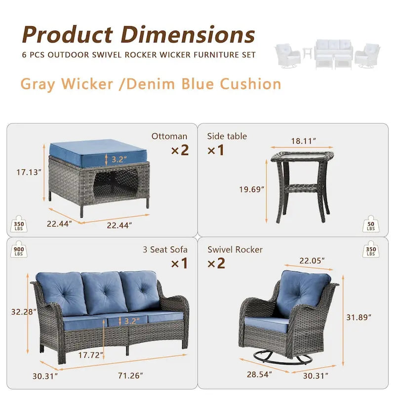6 Piece Wicker Outdoor Patio Furniture Set Swivel Chairs Sofa Ottoman