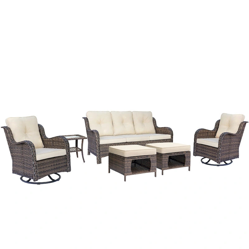 6 Piece Wicker Outdoor Patio Furniture Set Swivel Chairs Sofa Ottoman