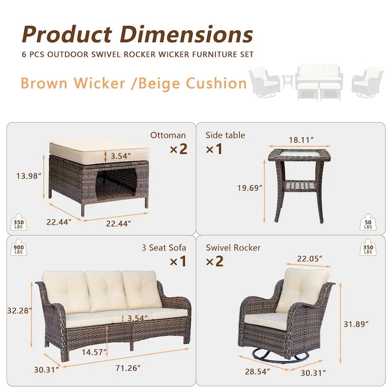 6 Piece Wicker Outdoor Patio Furniture Set Swivel Chairs Sofa Ottoman