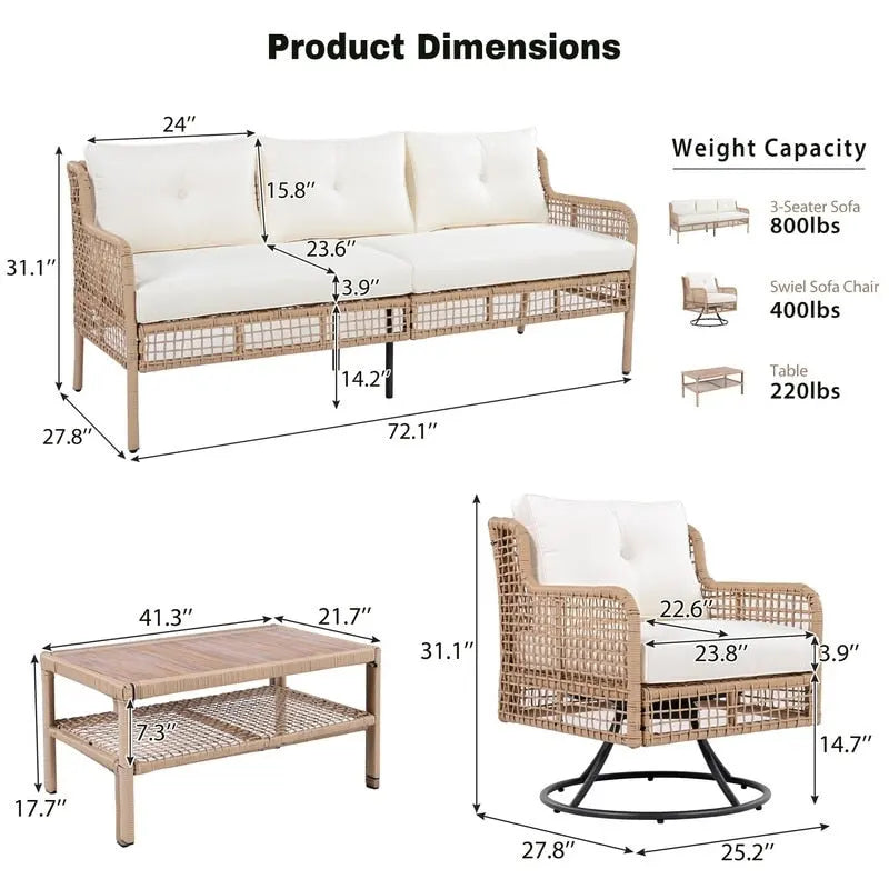 4-Piece Outdoor Conversation Set with Swivel Chairs and Removable Cushions for Comfort